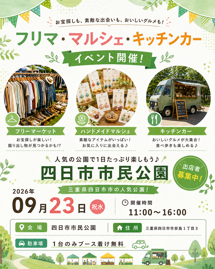 四日市市民公園】フリマ&マルシェイベント｜三重県 9月12日(土)開催