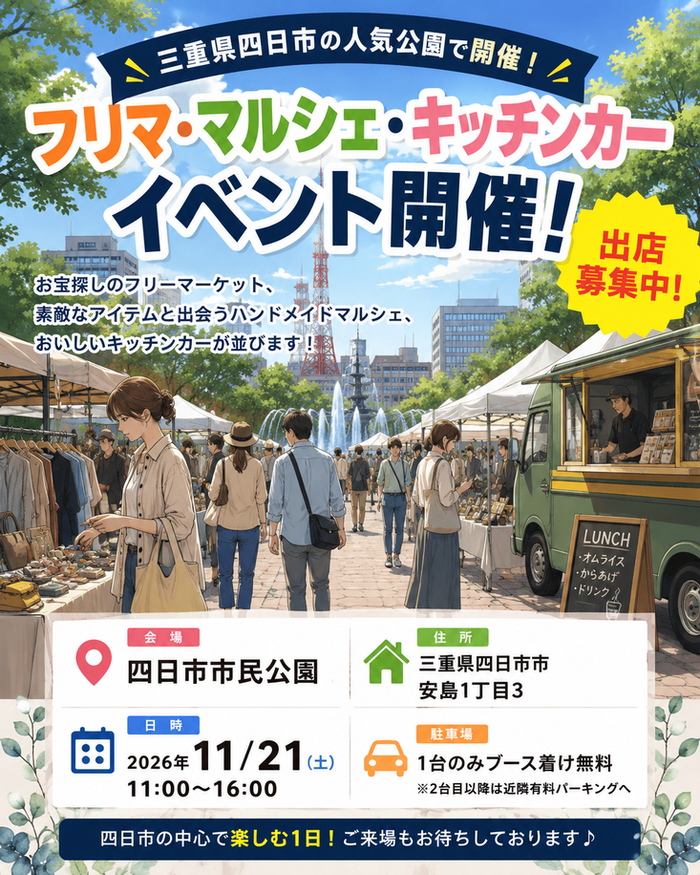 【四日市市民公園】フリマ&マルシェイベント＆キッチンカ―イベント